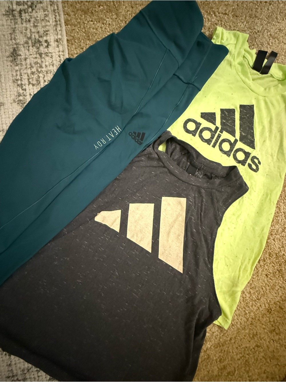 Adidas leggings heat.RDY in Teal medium, Neon Green, + Charcoal muscle tanks SM